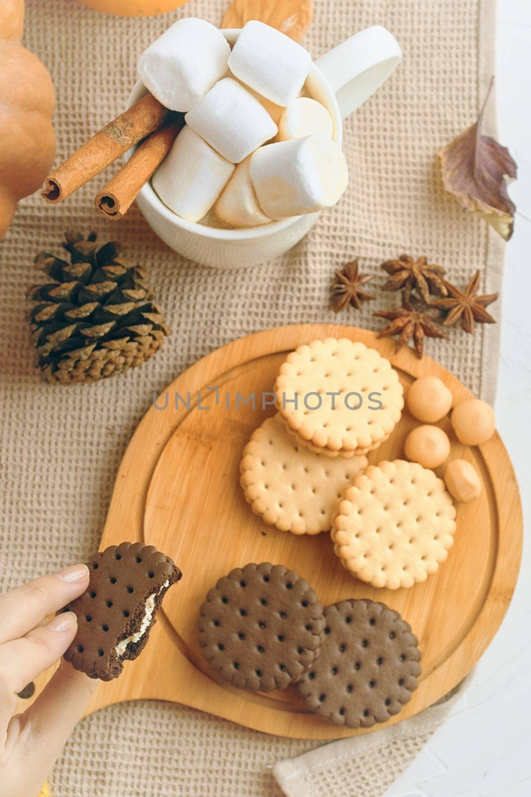 Delicious assortment of cookies and marshmallows on a wooden board, perfect for autumnal treat vibes.