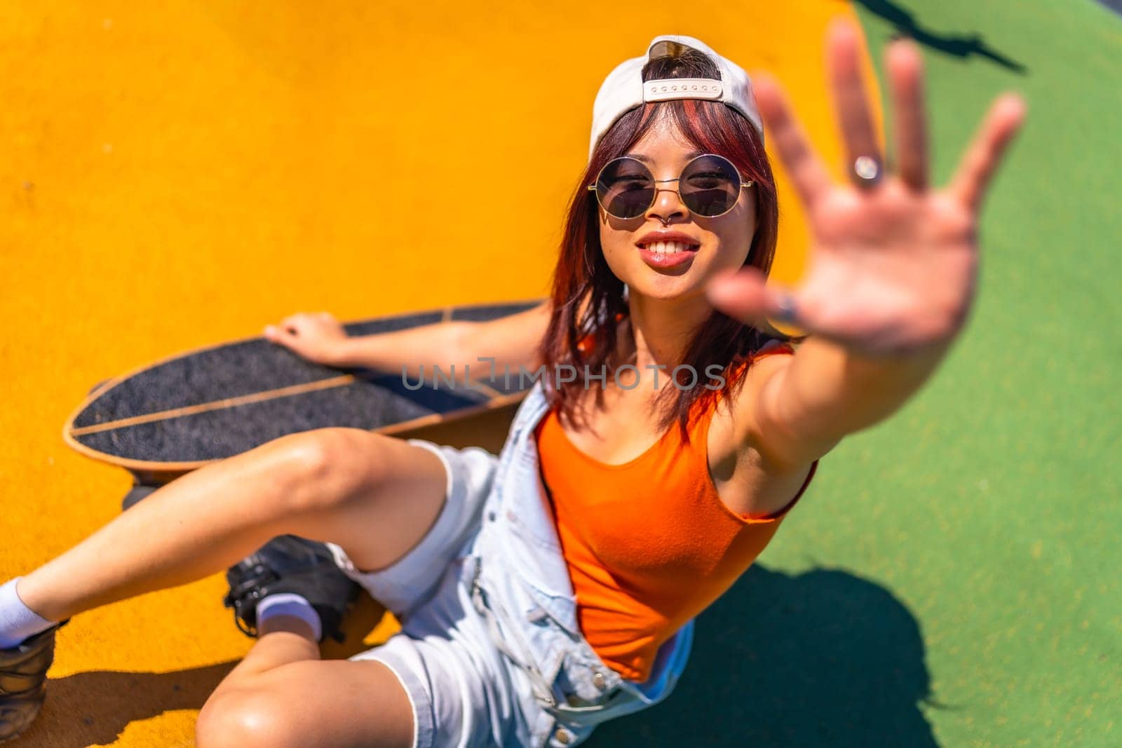 Chinese young female skater smiling covering face from the camera sitting on the ground