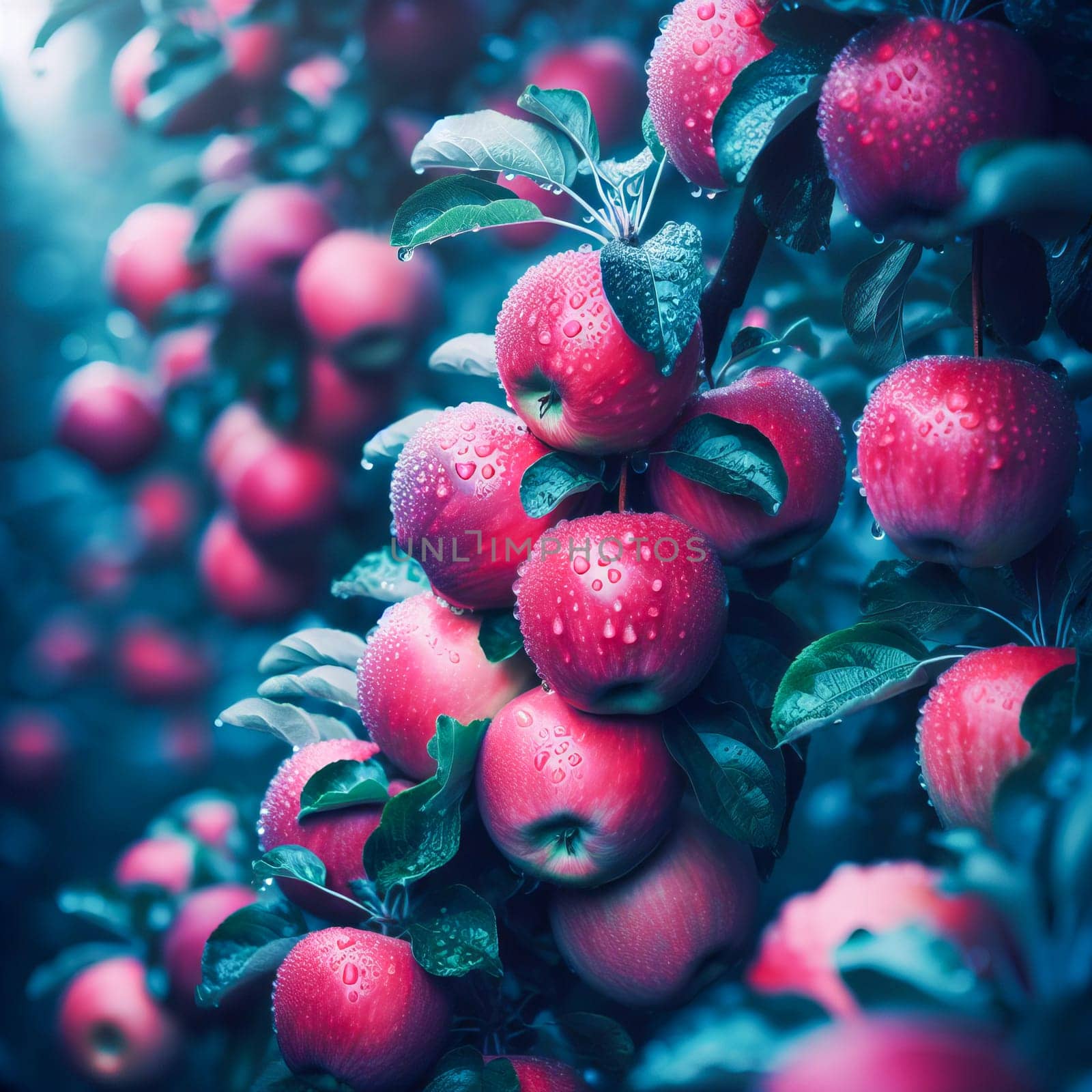 Ripe red apples on a tree in the garden with drops of dew or rain. AI generated.