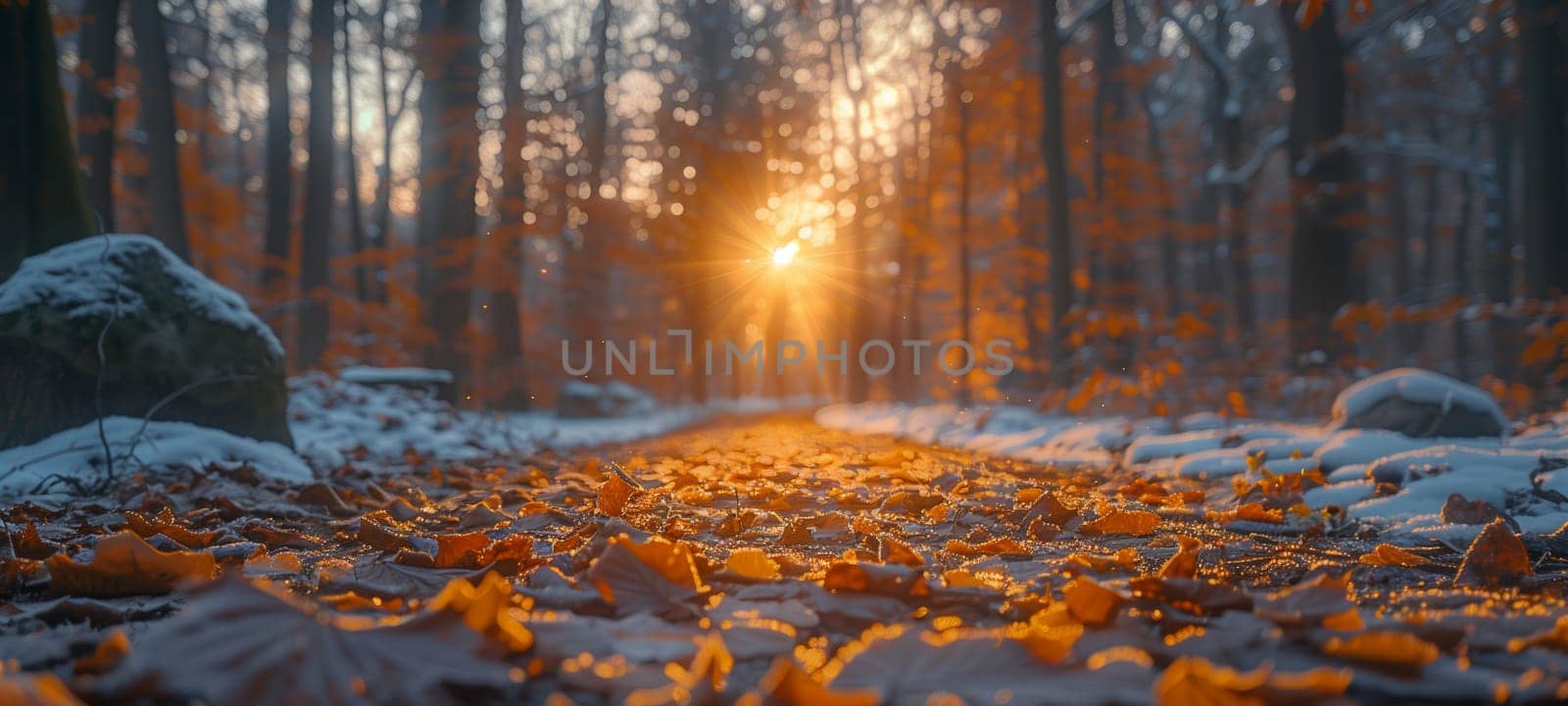 A path winds through a snow-covered forest as the sun sets, casting a warm glow on the fallen leaves.
