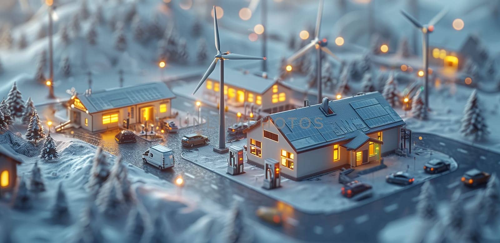 A miniature model of a winter village is illuminated at dusk, showcasing houses with solar panels, wind turbines powering the town, and a street filled with tiny cars.