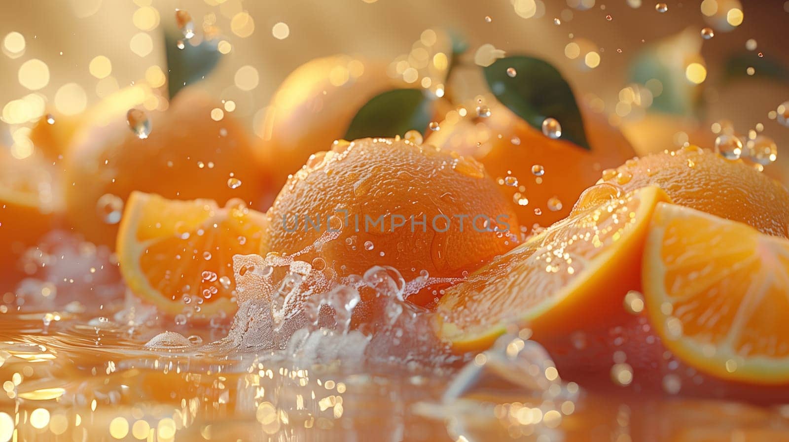 A group of orange slices and whole oranges fall into a pool of water, creating a refreshing splash. The sun shines through the water, highlighting the juicy, bright orange fruit and the droplets of water.