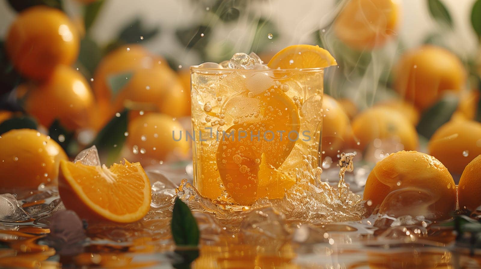 A glass of iced orange drink with orange slices sits on a table surrounded by oranges and ice. The drink is splashing and there is a light, steamy mist rising from it.