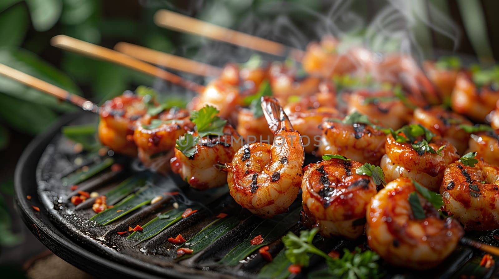 Close-up of grilled shrimp skewers with cilantro and chili flakes on a black grill pan. The shrimp are steaming, and there are green leaves and red chili flakes scattered around the pan.