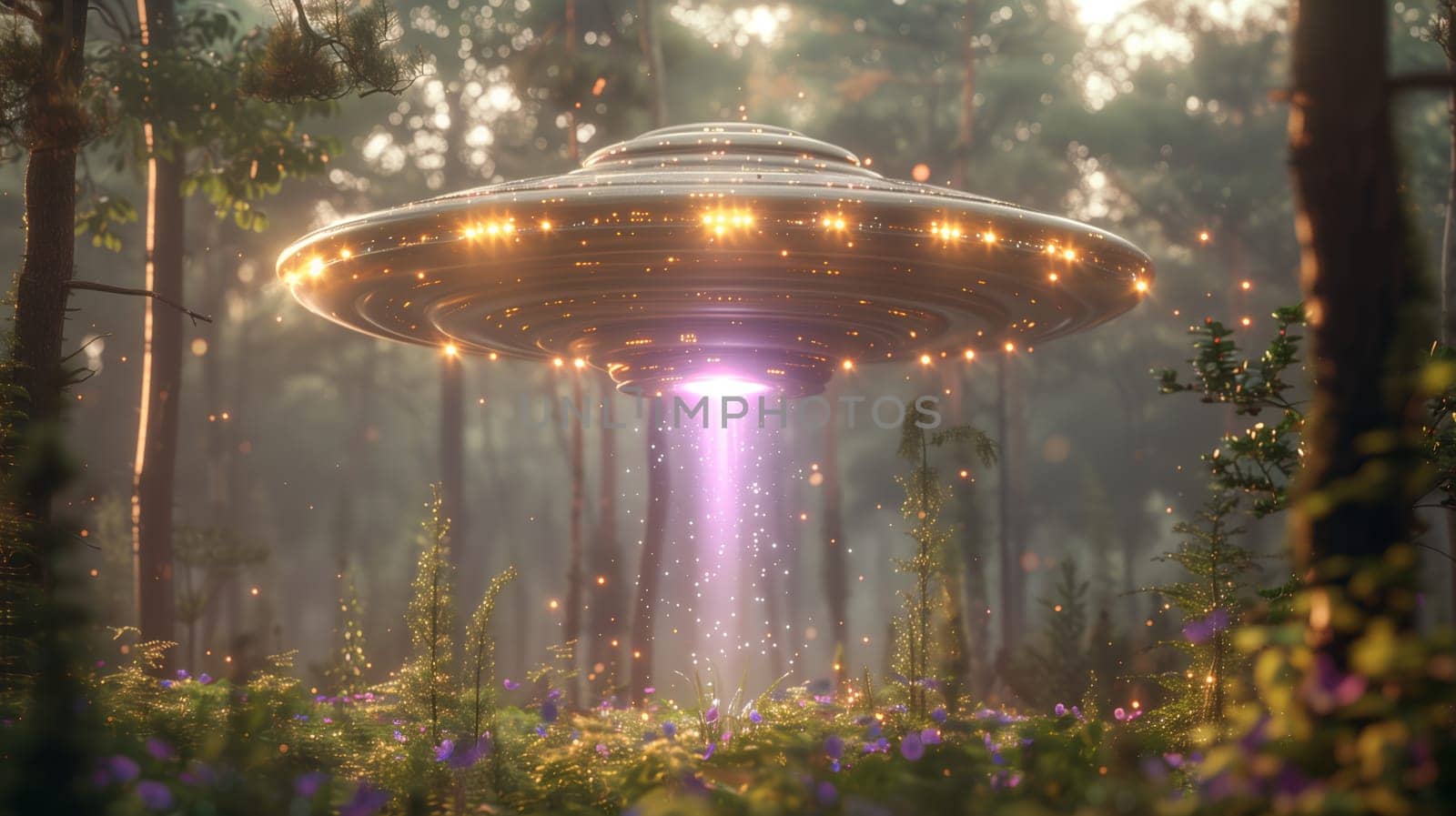 A silver, disc-shaped UFO hovers over a lush, green forest. The UFO emits a bright, purple beam of light that shoots down towards the forest floor. The morning sun shines through the trees, casting a golden glow on the scene.