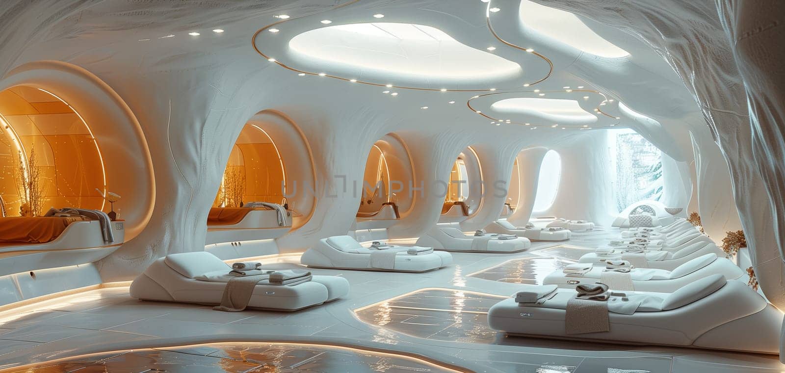 A modern spa interior with white loungers set against a backdrop of abstract, white ceiling design. The ceiling features a pattern of curved, organic shapes with ambient lighting, adding a sense of tranquility. The room is clean and minimalist, with white walls and floors, and a hint of orange light filtering in from the windows.