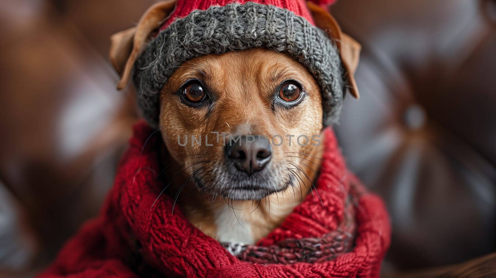 A brown and white dog with a red knitted hat and matching scarf, looking intently at the camera. The dog's fur is visible around the hat and scarf, and the dog's eyes are wide open. The background is out of focus and appears to be brown leather.