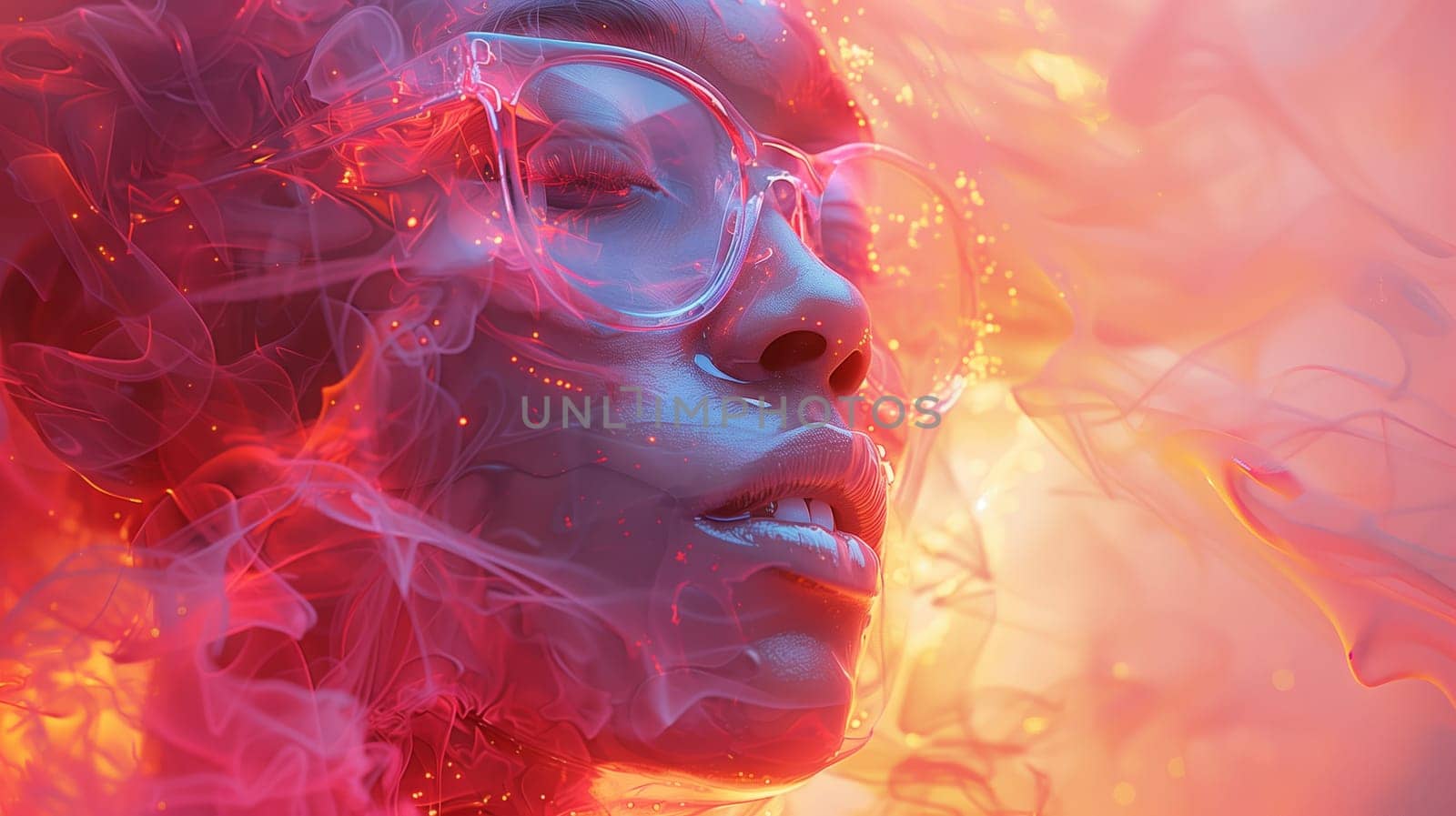 A close-up of a woman's face, seemingly immersed in swirling pink and orange smoke. The woman's eyes are closed and she appears to be at peace, with the light catching the surface of her skin and creating a mesmerizing glow.