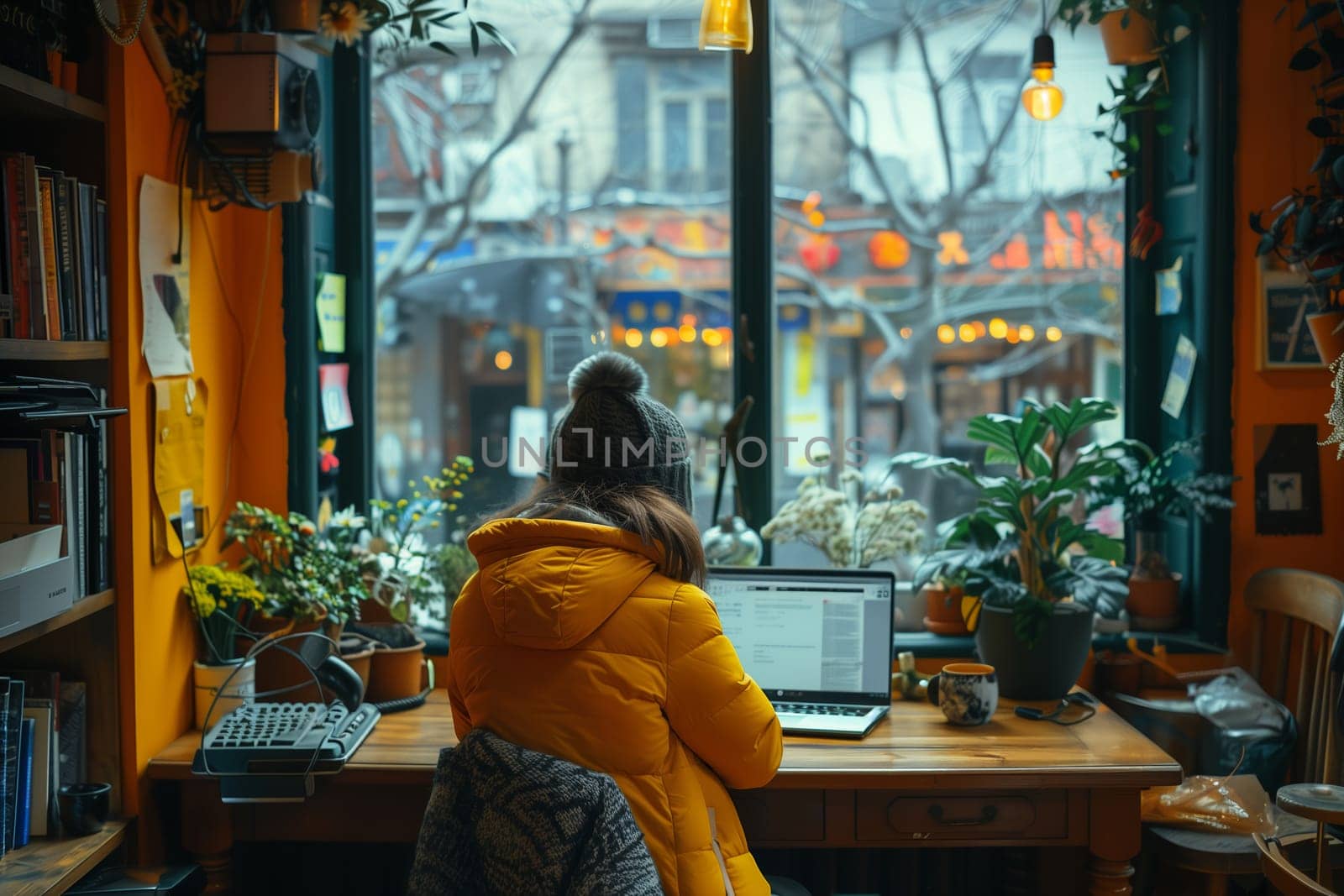 A woman in a yellow jacket and a gray hat sits at a table in a cafe, working on a laptop. The cafe is filled with plants and decorated with a warm, orange color scheme. The window behind the woman looks out onto a street scene covered in snow, creating a cozy contrast to the warmth inside.
