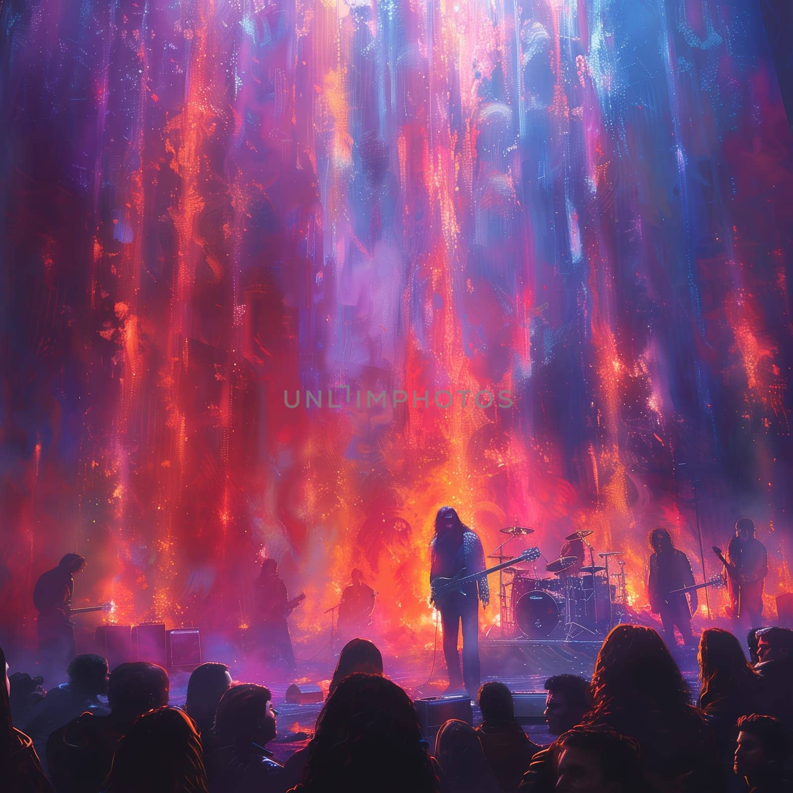 A rock band performs on stage with an ethereal, fiery backdrop. The band members are silhouetted against the bright, abstract background, and their instruments are visible. The band is playing in front of a large crowd of people.