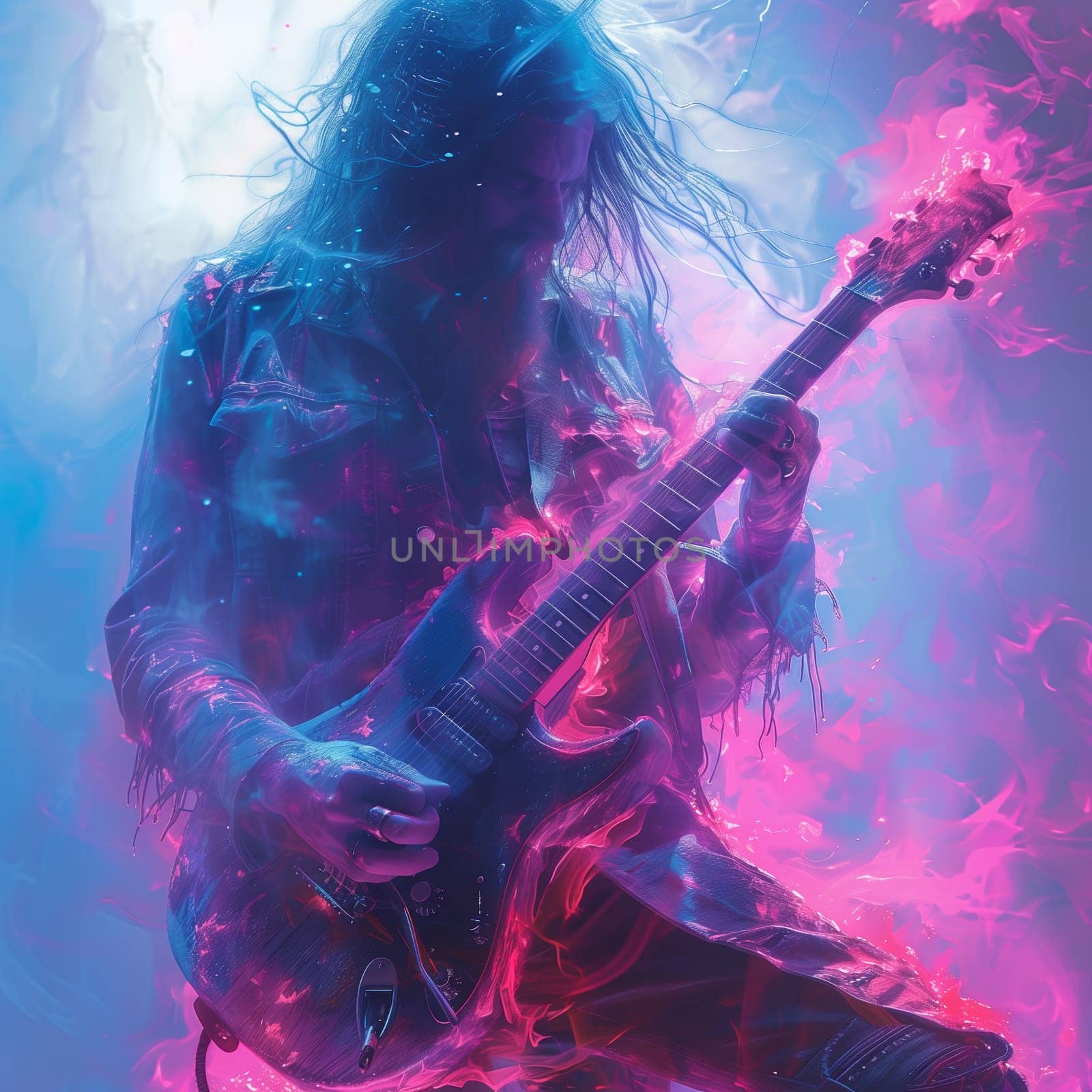 A long-haired guitarist plays a furious electric guitar solo, bathed in a vibrant pink and blue light show. The guitarist's hair flows in the wind, while the flames emanating from the instrument engulf them in a fiery aura. The image captures the raw energy and passion of a rock concert.