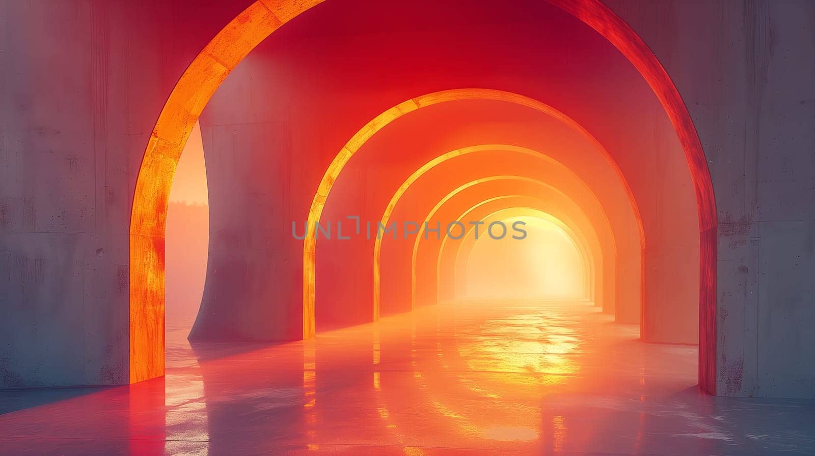 A perspective view of a concrete pathway lined with multiple arches, illuminated by a warm, bright light at the end. The arches create a sense of depth and lead the eye towards the glowing source.