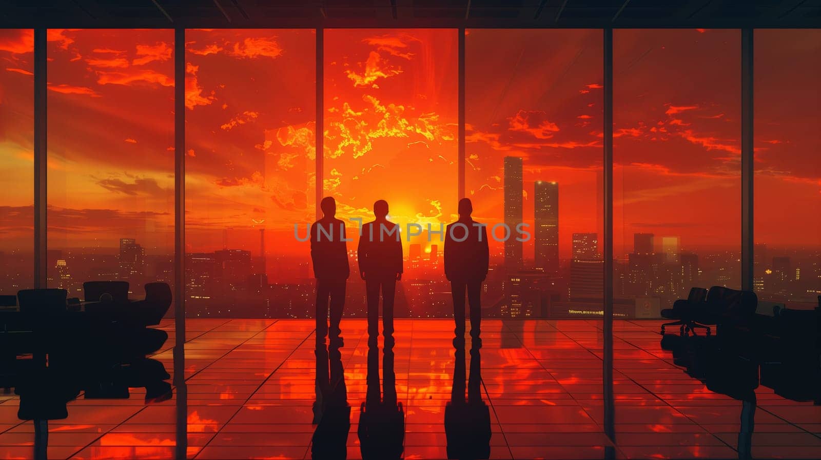 Three men in suits stand in an office with large windows overlooking a cityscape. The sky outside is a vibrant orange, with clouds reflecting the setting sun's glow.