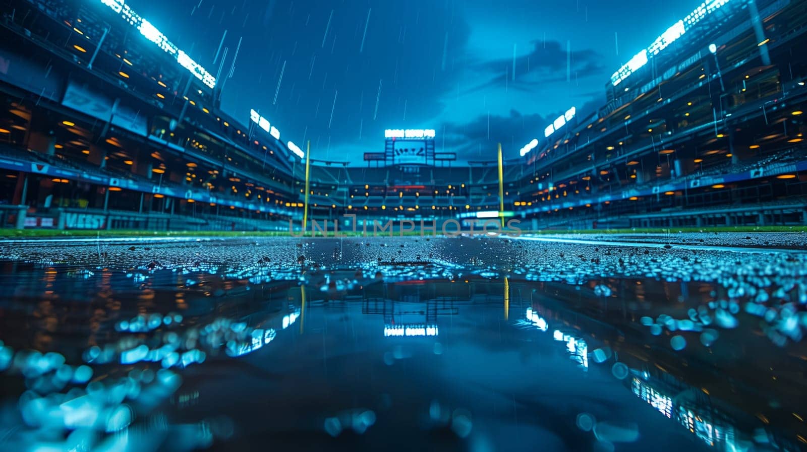 An empty baseball stadium stands under a heavy downpour at night. The stadium's lights reflect in the puddles on the field, creating a blue glow. Rain falls in sheets, leaving the stadium feeling abandoned and quiet.