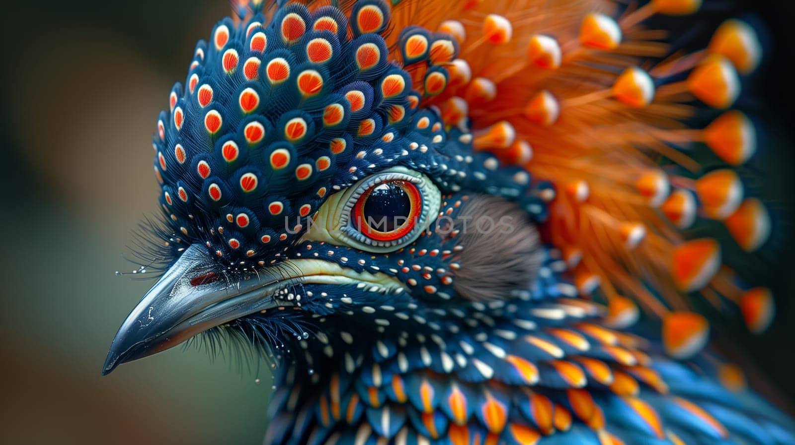 A close-up portrait of a bird with bright blue, orange, and white feathers. The bird's eye is focused on the viewer, with a dark pupil and a bright orange iris. The feathers are arranged in a circular pattern around the bird's head, creating a striking visual effect. The bird's beak is sharp and pointed.