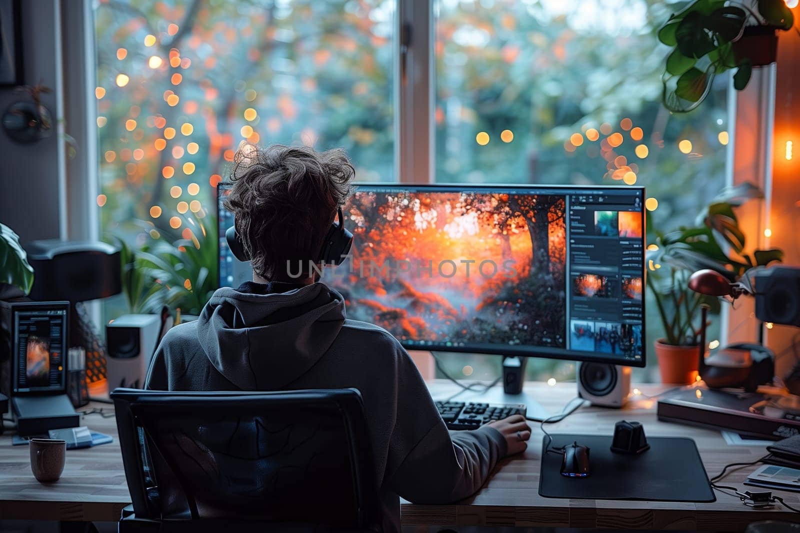 A young man sits in front of a large computer monitor, wearing headphones and typing on a keyboard. The monitor displays a picture of a forest scene with a vibrant sunset. The person is seated in a chair at a desk in front of a large window with evening light. Plants and a cup are visible on the desk.