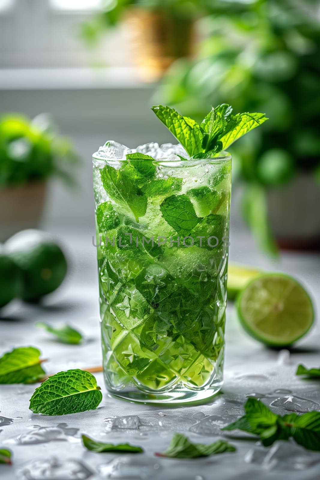 A tall glass filled with ice and a refreshing, green drink, garnished with a sprig of mint and a lime wedge. The drink is surrounded by scattered mint leaves and ice cubes on a gray surface.