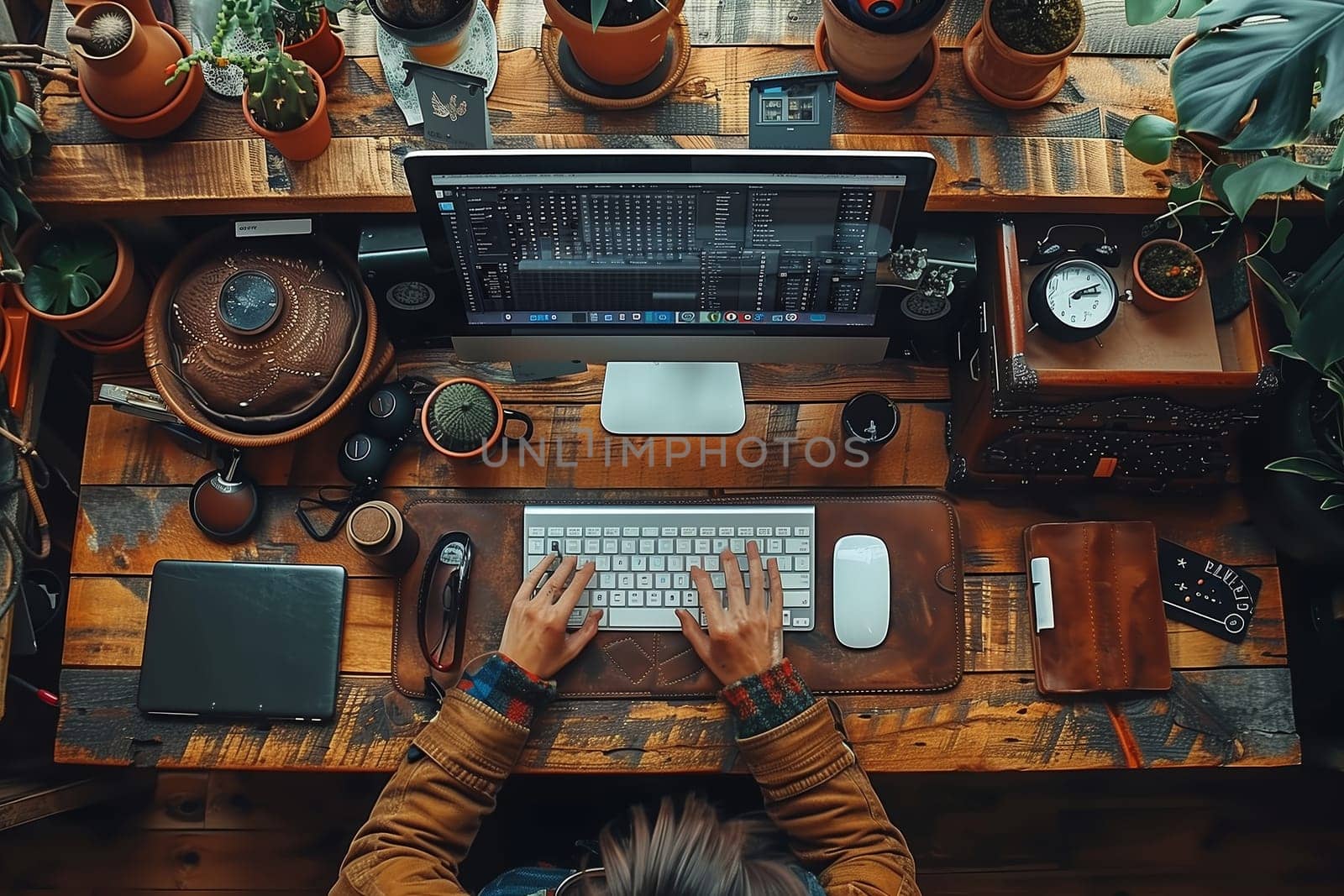 A person sits at a desk with a computer in front of them. The person is typing on a keyboard with their hands, and the computer screen is displaying an image of code. The desk is made of reclaimed wood and has various objects on it, including potted plants, a leather desk mat, and a vintage alarm clock.