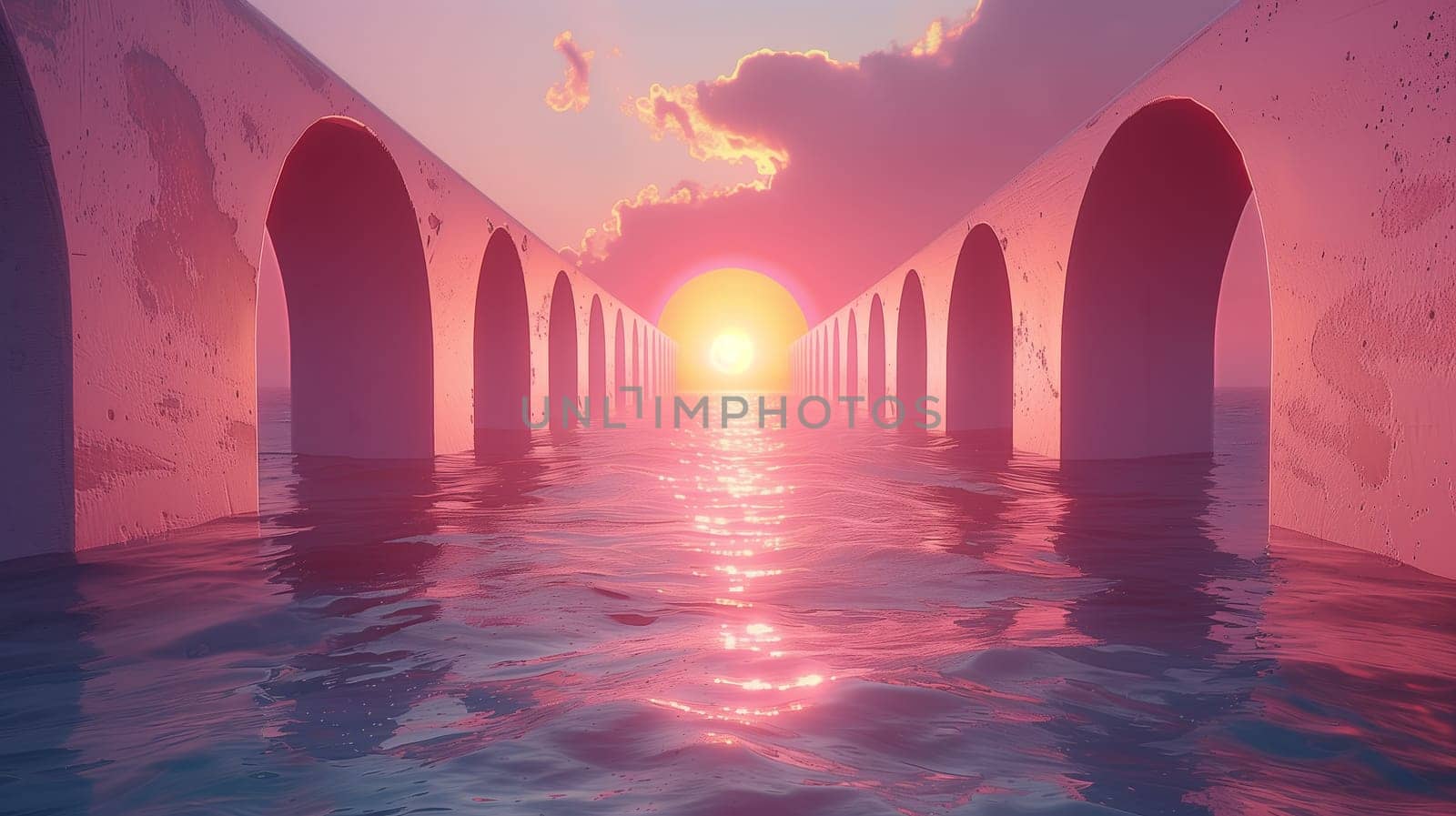 A pink sunset shines through an archway formed by a row of concrete pillars that extend into the water. The sky is pink and orange, and the water is reflecting the colors of the sunset.