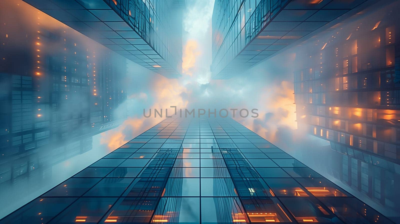 The camera looks up at two towering skyscrapers in a city, with fog or clouds swirling around the buildings. The city lights create a warm glow against the blue hues of the sky and glass buildings.