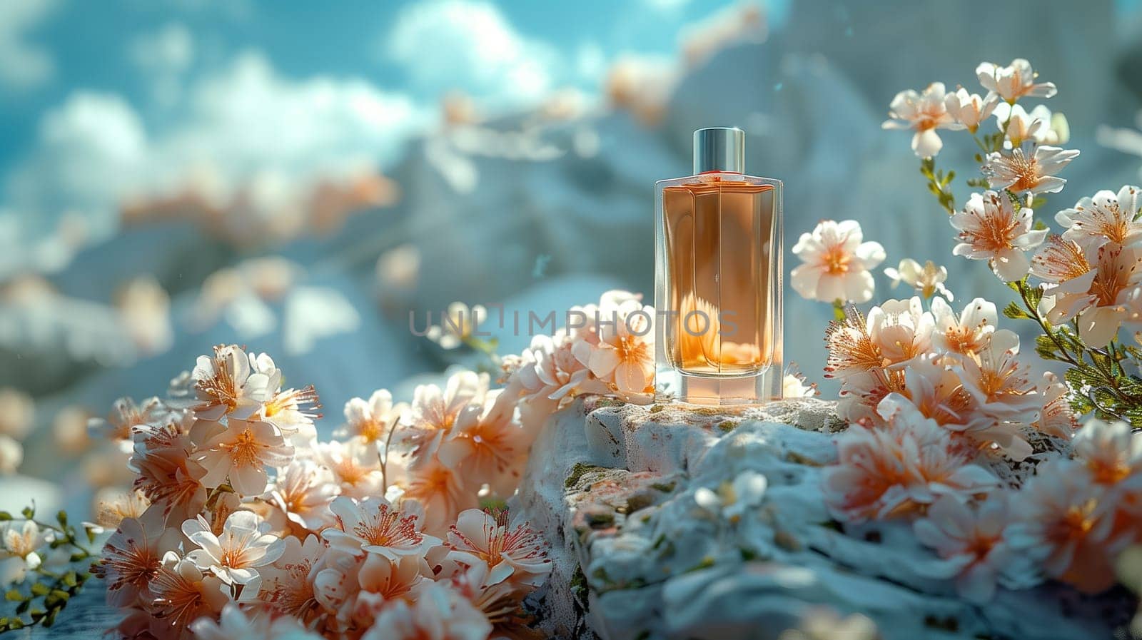 A glass bottle of perfume sits on a white rock surrounded by white flowers with orange centers. The background features a soft, blue sky with fluffy white clouds.