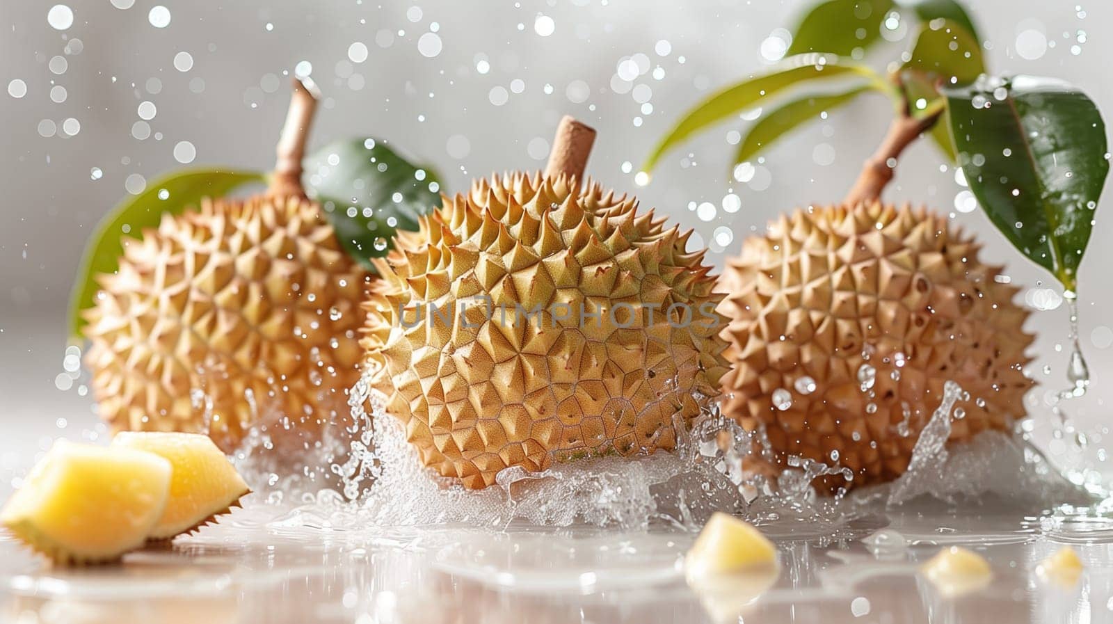 Three whole durian fruits, one cut open showing the inside, are arranged on a white background. The fruits are surrounded by water splashes, with a few green leaves scattered around. The fruits are glistening and the light is reflecting off the water droplets.