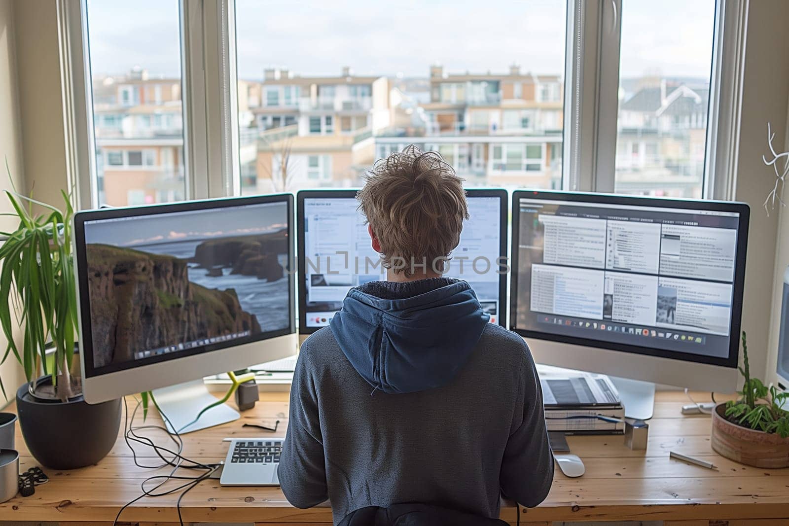A young man is working at a desk in a home office, with three computer monitors in front of him. He is looking at one of the monitors, which shows a landscape scene. The other monitors show open windows and documents. The desk is cluttered with papers, a laptop, and a potted plant. The view through the window shows a cityscape of buildings in the distance.