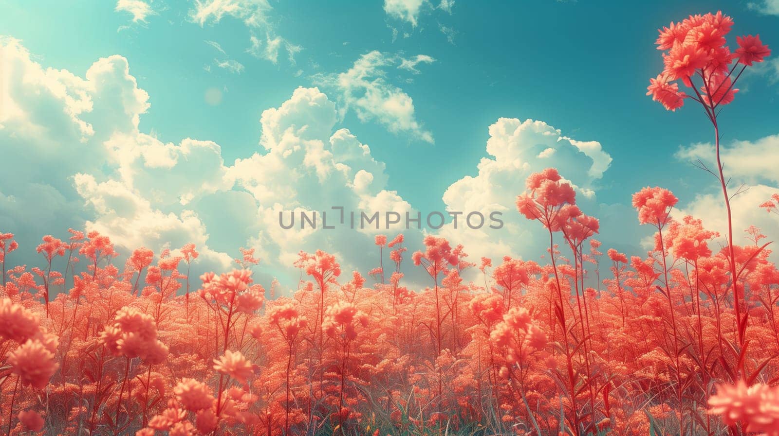 A field of pink flowers blooms under a bright blue sky. The flowers reach up towards the white clouds, which drift across the sky. The sun shines brightly, casting a warm glow on the scene.