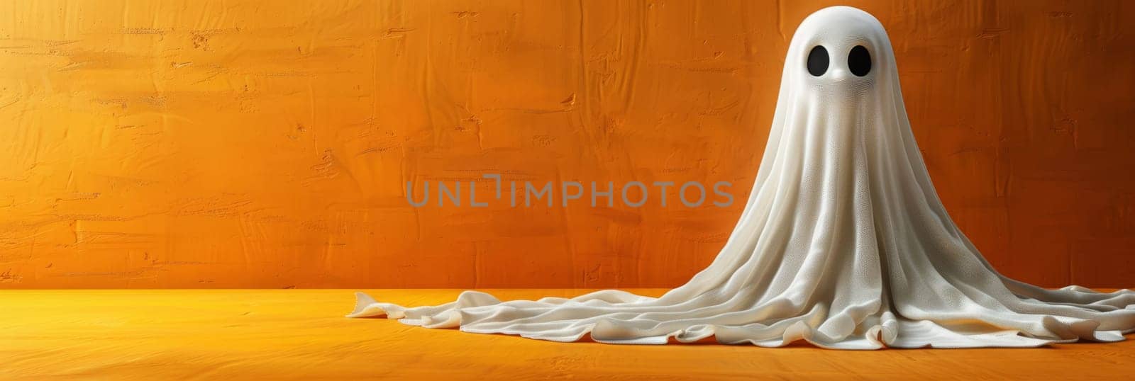 White Halloween ghost on orange background, banner. Halloween holiday. AI generated.
