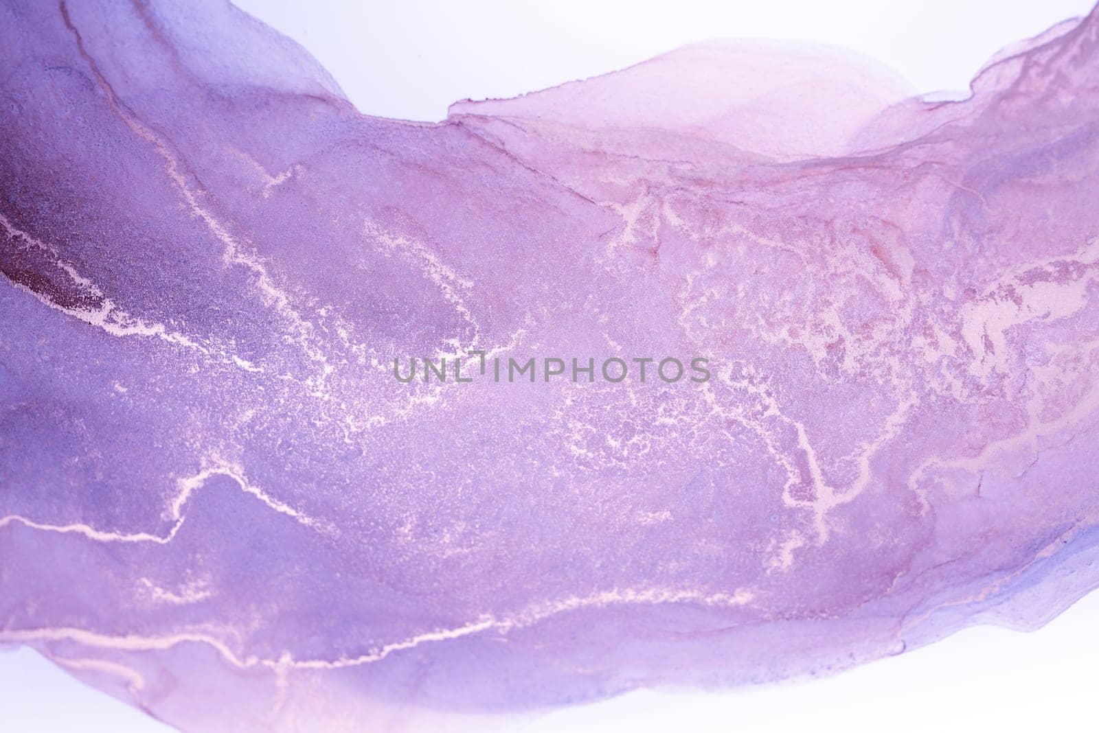 A close-up of an abstract art piece featuring swirls of lavender and white ink on a white background.
