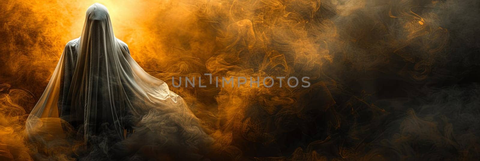 White Halloween ghost on orange background, banner. Halloween holiday. AI generated.
