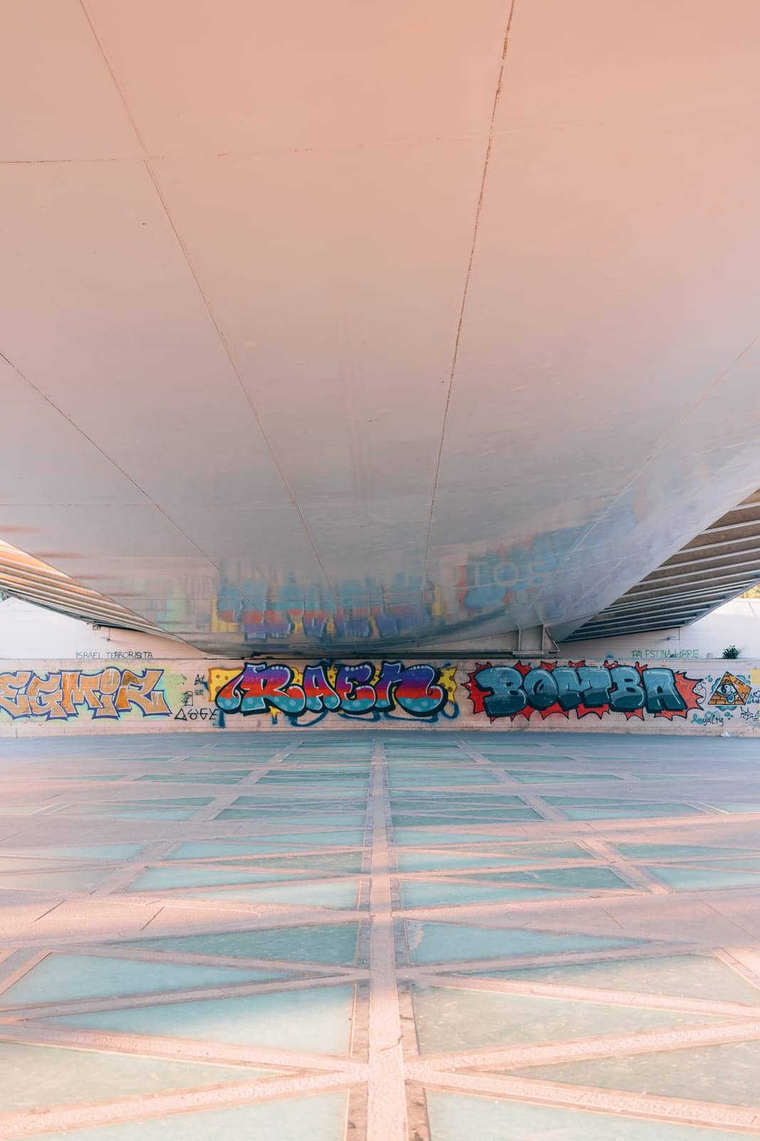 Vibrant graffiti artwork adorns the walls beneath a bridge in Valencia. The colorful murals contrast with the urban structure, adding an artistic touch to the city landscape.