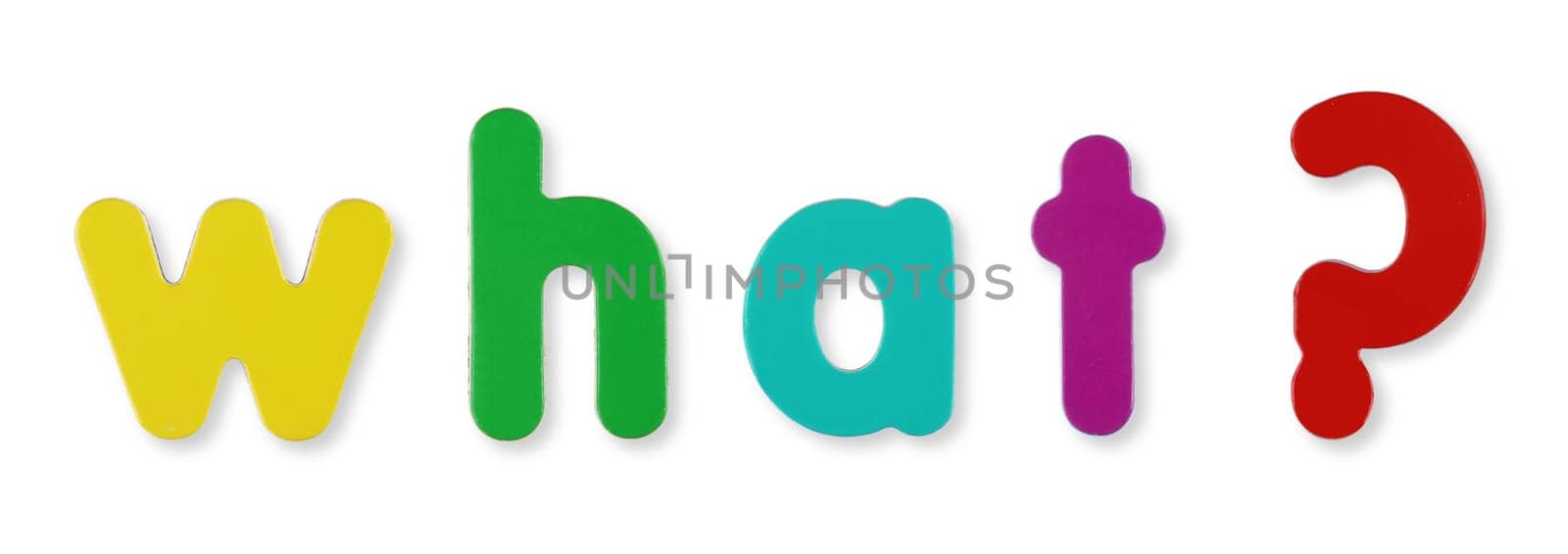 A what word in coloured magnetic letters on white with clipping path to remove shadow