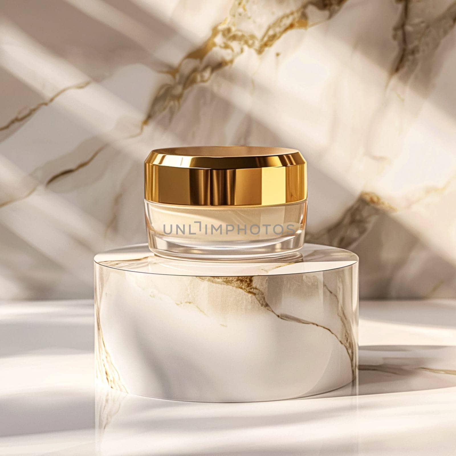 Face cream in a glass jar on a white and gold background. Skin care concept. Backdrop for beauty cosmetic products