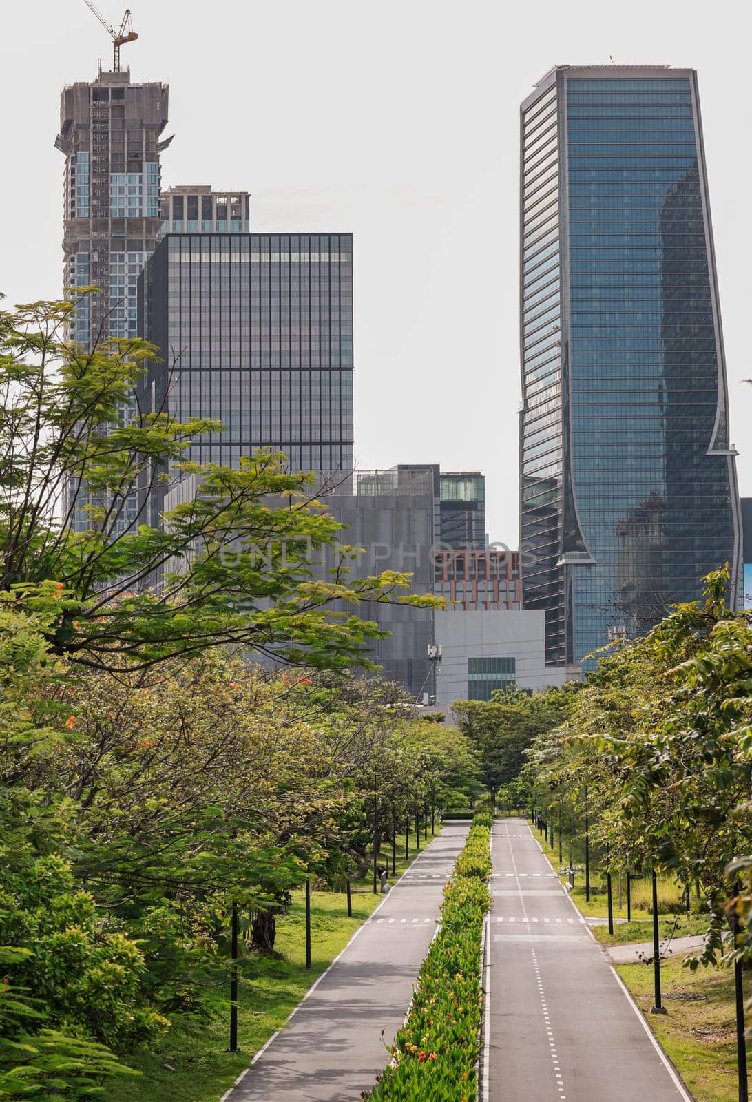 Bangkok, Thailand - 22 Jun, 2024 - The large urban park with trails for running and cycling serene atmosphere with Modern high-rise buildings and sky background. Space for text, Selective focus.