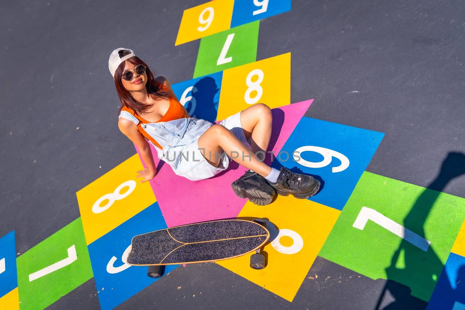 Top view of a chinese female young skater sitting on ground above an street art piece
