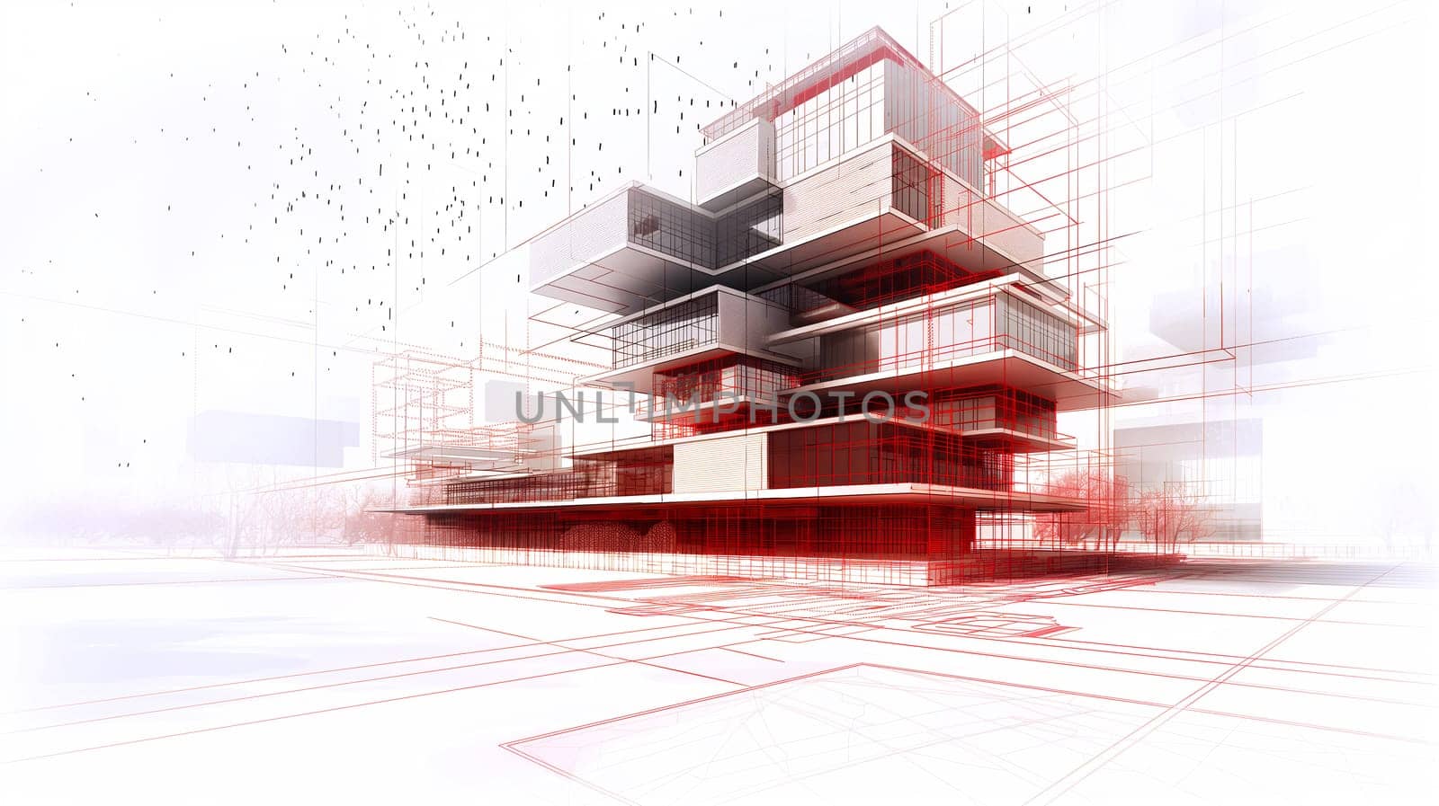 Abstract Architectural Design of a Modern Multi-Story Building in a Digital Conceptual Styl - Generative AI