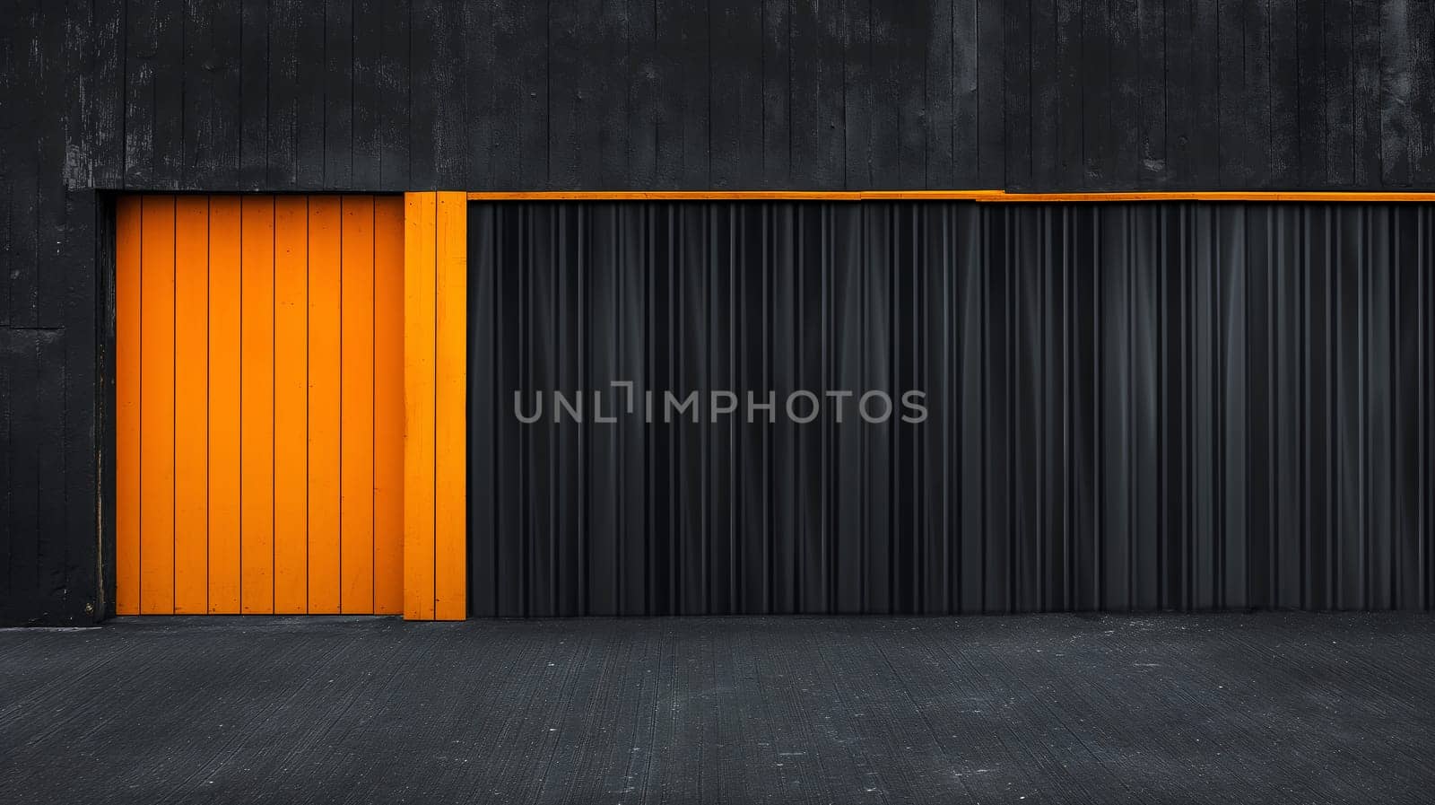 Minimalistic modern industrial building facade featuring a vivid orange door next to a closed black rolling shutter, creating striking contrast - Generative AI