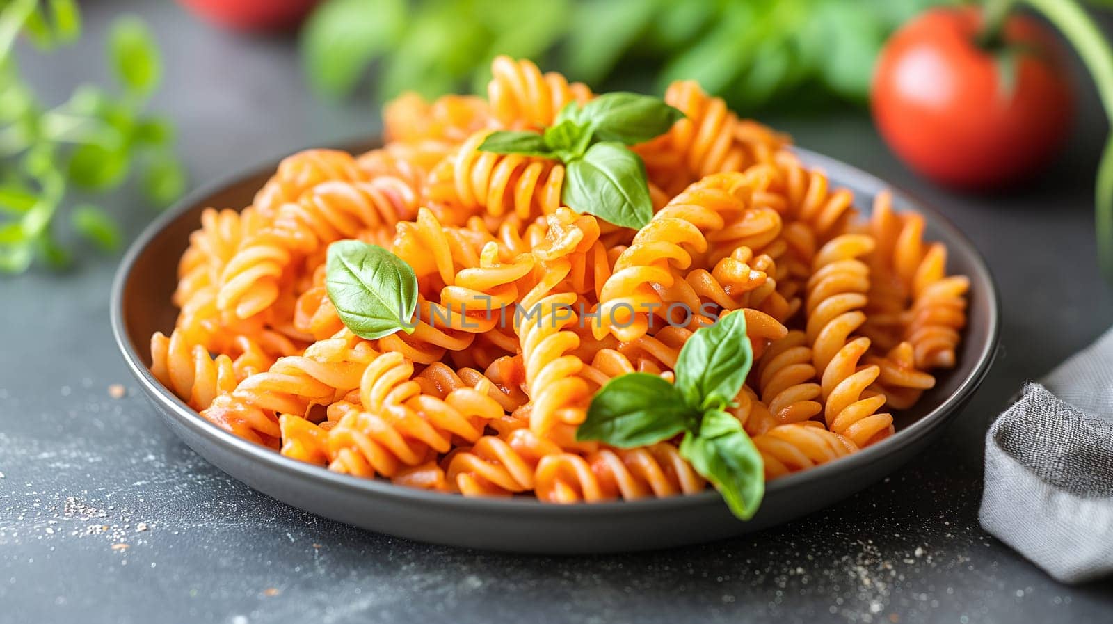 A plate of spiraled fusilli pasta coated in a vibrant tomato sauce, garnished with fresh basil leaves, ready to be served - Generative AI