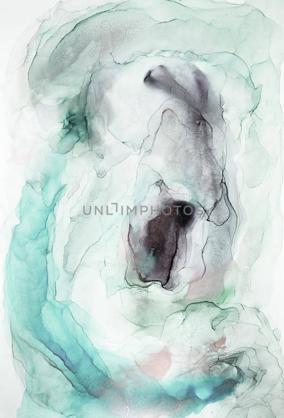 Abstract art created with alcohol inks, featuring swirling shades of green, grey, and white.