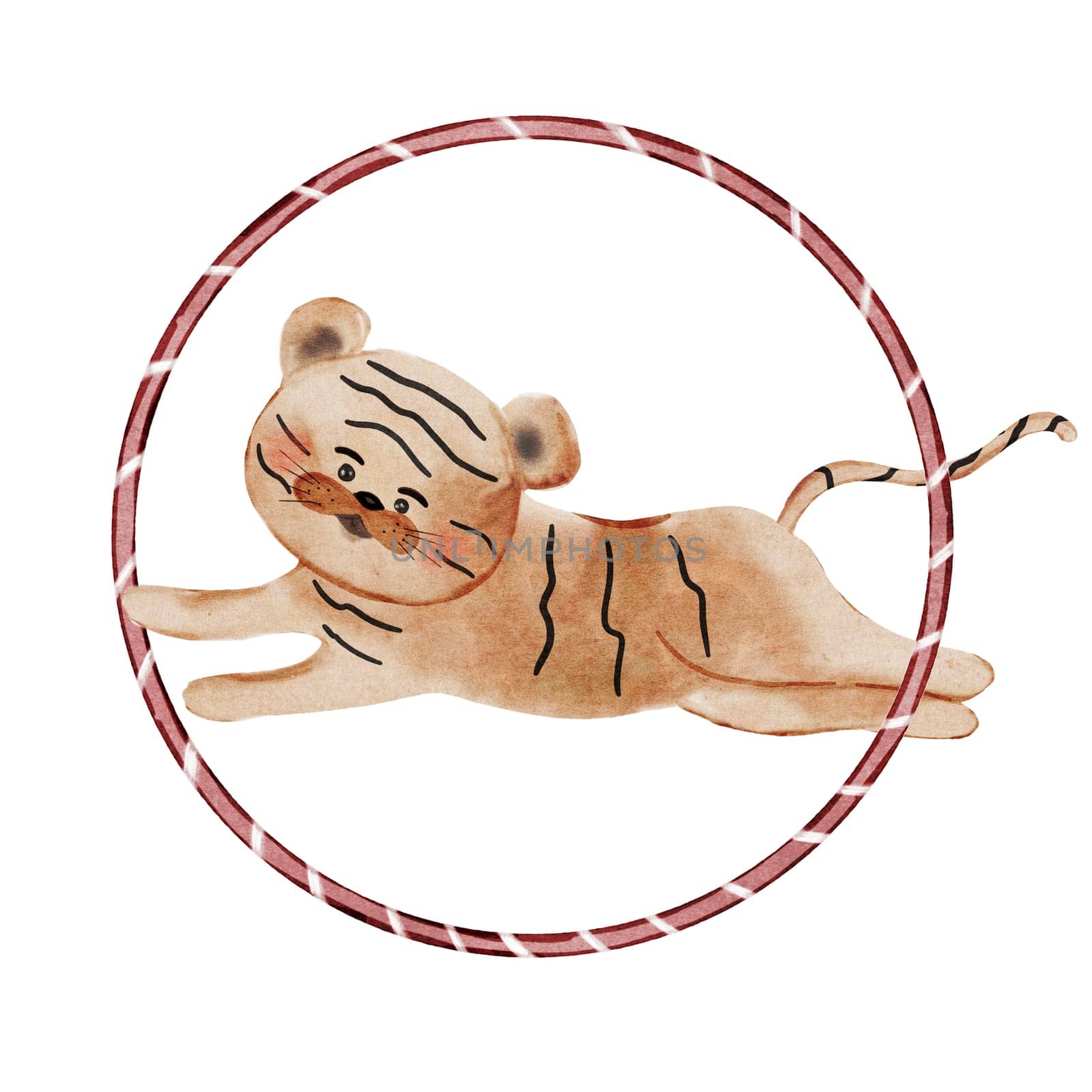 Circus tiger watercolor. Cute animal vintage hand drawing. Baby clip art isolated on white retro background. Ideal for nursery posters, cards and entertainment invitations. High quality photo