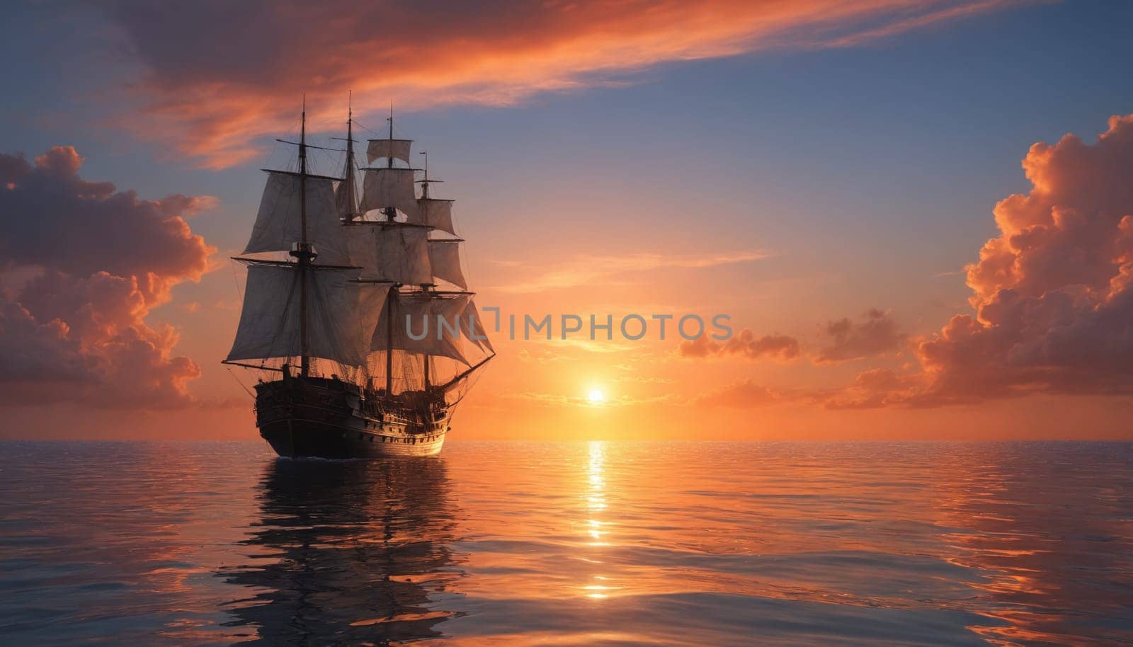 A majestic tall ship with full sails glides across a calm sea as the sun sets in a fiery orange sky. The ship's reflection shimmers on the water's surface, creating a picturesque scene of serenity and adventure.