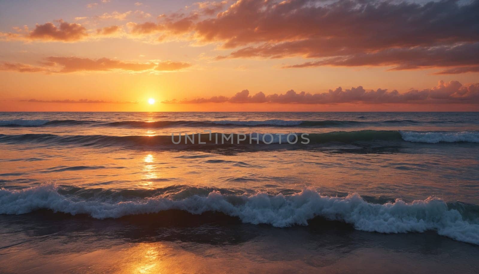 The setting sun casts a warm golden glow over the ocean, illuminating the waves as they crash onto the sandy beach. The sky is ablaze with vibrant colors, painting a breathtaking scene of nature's beauty.