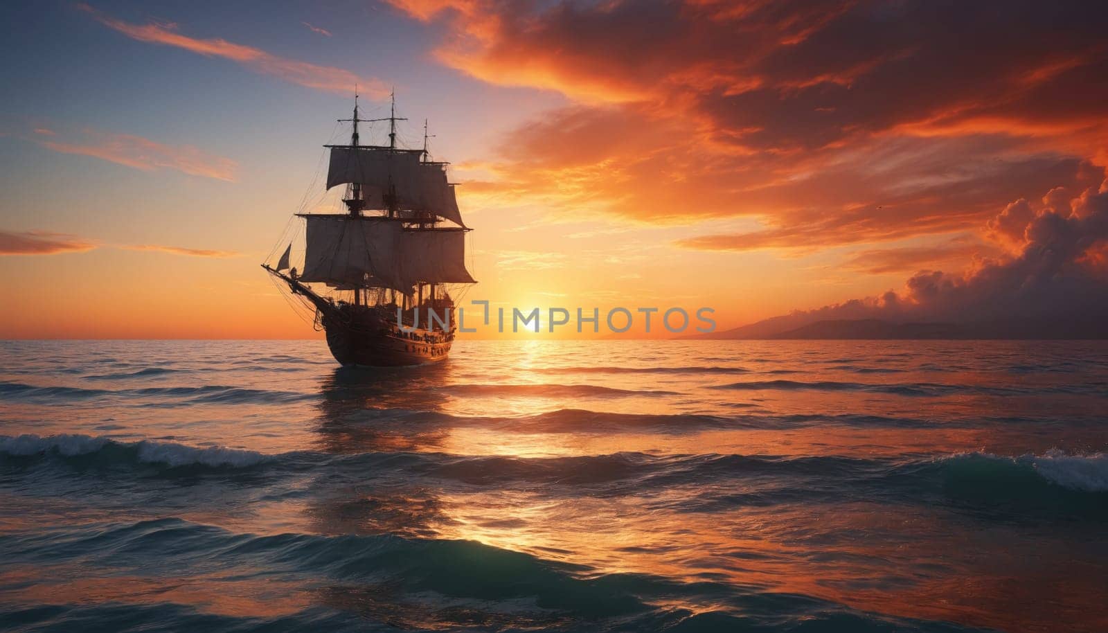 A majestic tall ship with full sails glides across a calm sea as the sun sets in a fiery orange sky. The ship's reflection shimmers on the water's surface, creating a picturesque scene of serenity and adventure.