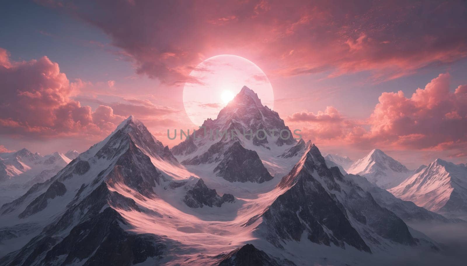 The image captures the breathtaking sight of a snowy mountain range bathed in the soft glow of a sunset. Pink clouds billow across the sky, while a bright moon peeks through the clouds, illuminating the peaks of the mountains.