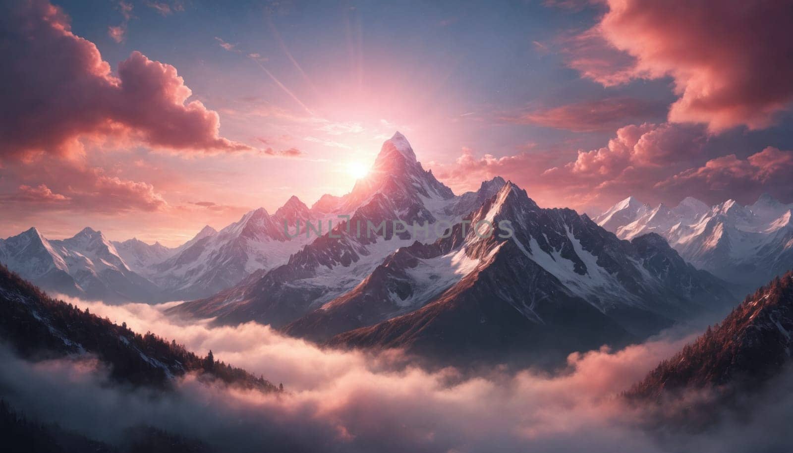 The image captures the breathtaking sight of a snowy mountain range bathed in the soft glow of a sunset. Pink clouds billow across the sky, while a bright moon peeks through the clouds, illuminating the peaks of the mountains.