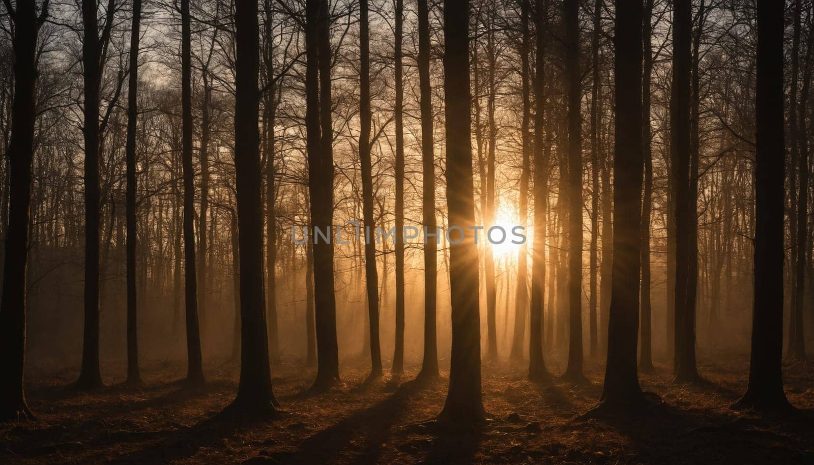 Sunlight streams through the trees in a deciduous forest, casting long shadows on the ground. The forest floor is covered in fallen leaves and the sun is setting, creating a warm golden glow.