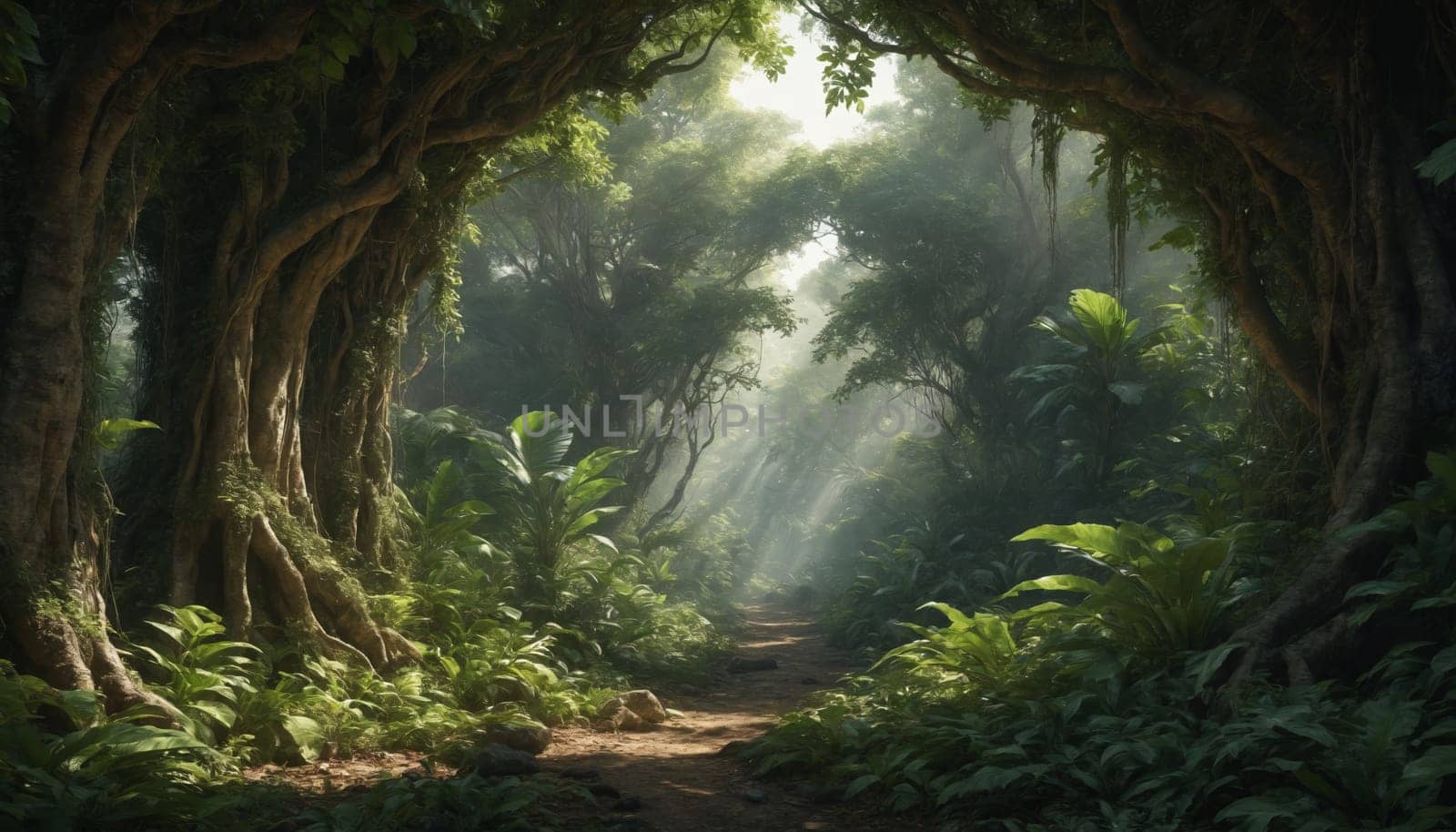Sunlight streams through the dense canopy of a lush jungle, illuminating a path that winds its way through the verdant undergrowth. The air is thick with moisture, and the leaves shimmer with dew.