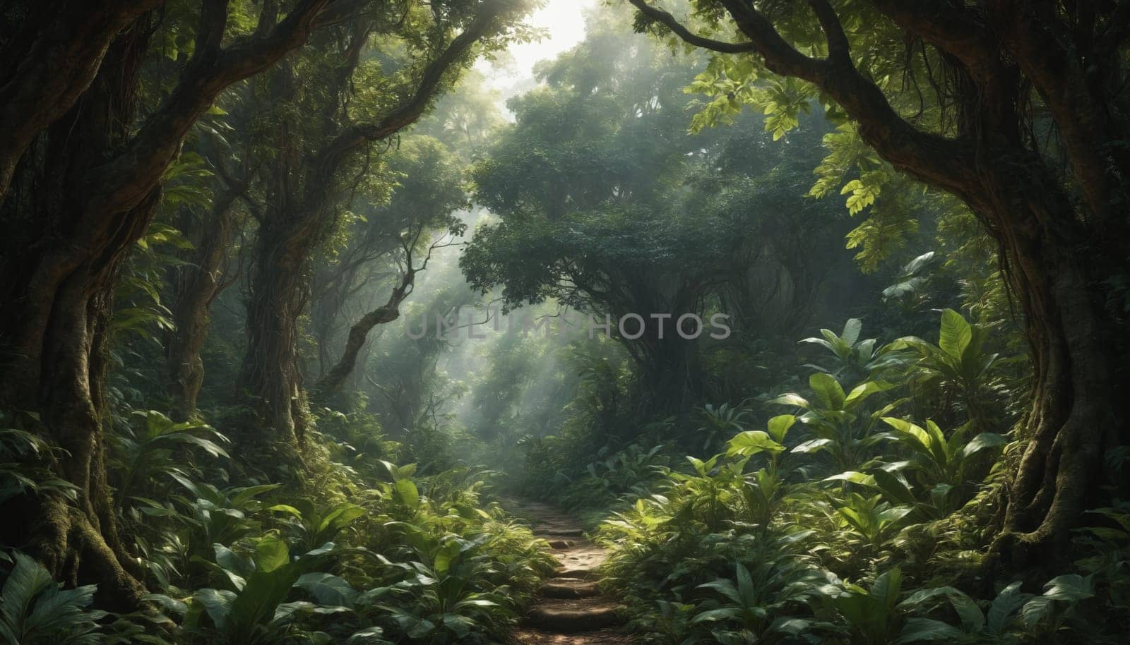 A sunbeam pierces through the dense foliage of a tropical rainforest, illuminating a path that winds its way through the dense undergrowth. Lush greenery fills the scene, creating a sense of mystery and adventure.