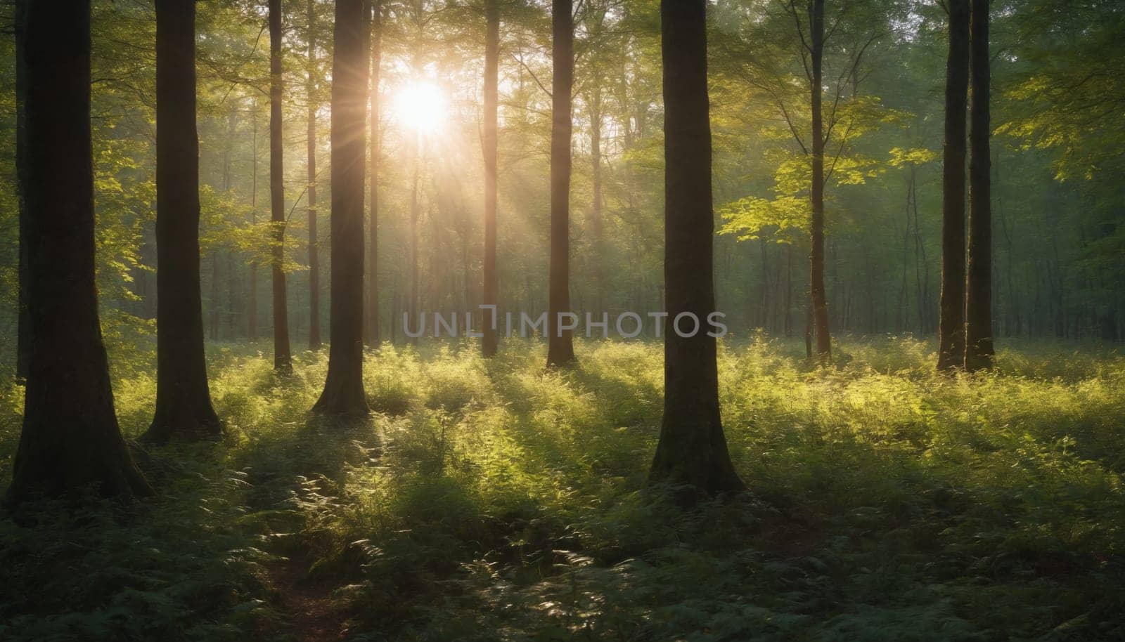 The sun's rays pierce through the thick canopy of trees, casting a warm golden glow on the forest floor, while fog gently swirls around the towering trunks.